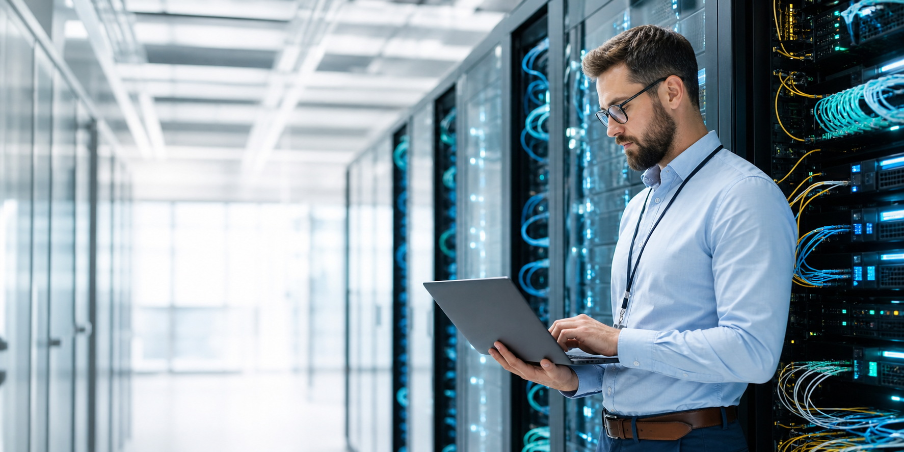 Nowoczesna serwerownia VPS z administratorem przy szafach rack